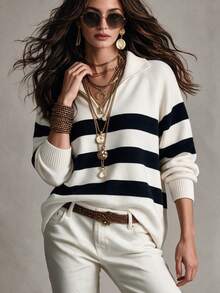 Striped Half Zip Collar Drop Shoulder Knit Sweater, Women Long Sleeve Loose Pullover Fall Casual Top - White - View 4