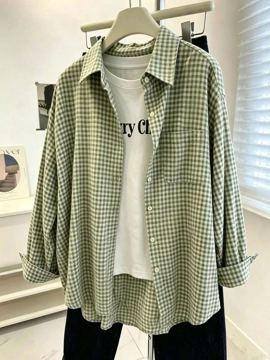 Plaid Button Pocket Long Sleeve Women Autumn Winter Brushed Shirt - Light Green - View 1