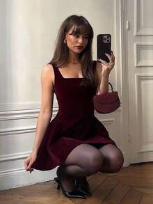 VIBEWAVE Wine Red Square Neck WideStrap Mini Dress A-Line Flare Slim Fit Retro Evening Gown,Women Christmas Party Date Prom Dress Autumn Winter - Burgundy - View 4