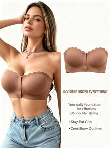 Bra Bandeau Wanita dengan Penutup Depan, Trim Bergelombang, Tepi Silikon Anti-Selip yang Lebih Lebar, Lingerie Tanpa Kawat dan Tanpa Jahitan, Lapisan Lembut dan Nyaman - Coffee Brown - View 7