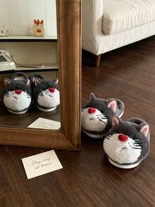 Women's Cute Gray Cat Home Slippers, Spring/Autumn/Winter Indoor Casual Flat Slippers, Anti-Slip, Warm, Soft Sole, Comfortable And Lightweight, Suitable For Girls And Students - Grey - View 6