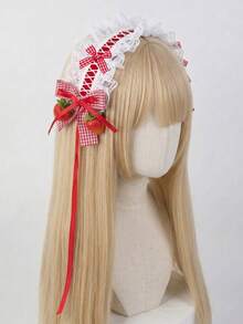 1件白色蕾絲髮箍附粉色蝴蝶結與緞帶，蘿莉塔風時尚 Cosplay 女款髮飾，萬聖節適用 - 紅色 - 查看 2