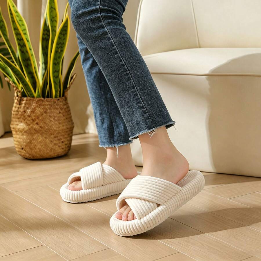 Women's Cross Strap Corduroy Slippers, Solid Color Flat Open Toe Indoor House Slippers, Soft Non-Slip Home Slippers, Size Runs Small, Please Order One Size Up - Beige - View 1