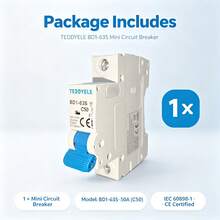 TEDDYELE BD1‑63S Miniature Circuit Breaker, 1P C Curve MCB, 240/415V AC 6000A Breaking Capacity, DIN Rail Mount Circuit Protection Switch, IEC 60898‑1 Standard - Blue - View 1