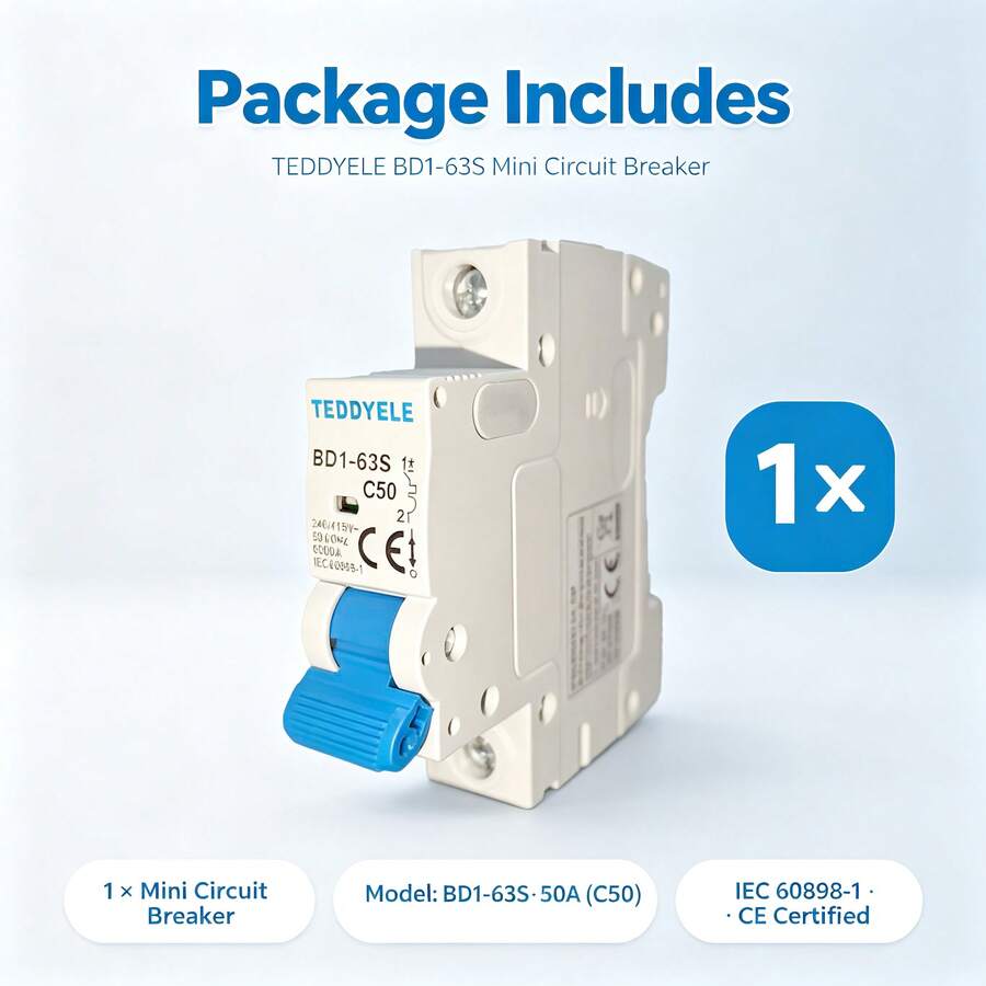 TEDDYELE BD1‑63S Miniature Circuit Breaker, 1P C Curve MCB, 240/415V AC 6000A Breaking Capacity, DIN Rail Mount Circuit Protection Switch, IEC 60898‑1 Standard - Blue - View 1