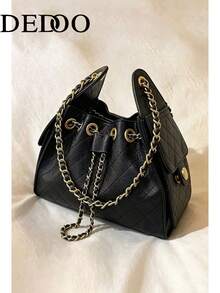 Dedoo Rhombus Pattern Double Shoulder Strap Women's Large Capacity One Shoulder Crossbody Bag Drawstring Bucket Bag Commuter Underarm Bag - Black - View 6