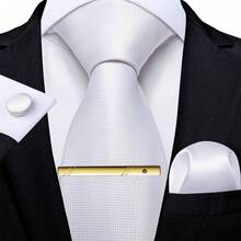 مجموعة ربطة عنق رجالية بنمط مربعات بيضاء منسوجة من 4 قطع مع منديل جيب وأزرار أكمام ومشبك ربطة عنق ذهبي، إكسسوارات حفلات مسائية - أبيض - مشاهدة 2