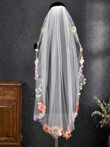 Colorful Floral Embroidered Bridal Veil, Dreamy Tulle Veil For Garden Wedding - Multicolor - View 6