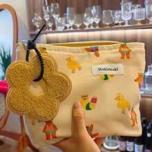 1pc Cute Bear Print Canvas Storage Bag, Large Capacity Zipper Organizer With Flower Charm, Travel Daily Storage Bag For Women - Multicolor - View 2