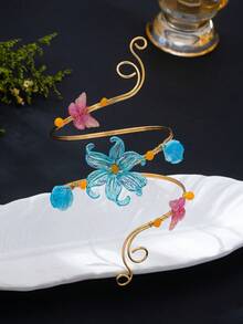 1pc Crystal Blue Asymmetric Flower Arm Cuff Colorful Butterfly Shell Multi-Element Jewelry For Women Beach Vacation Commute Wear - Blue - View 3