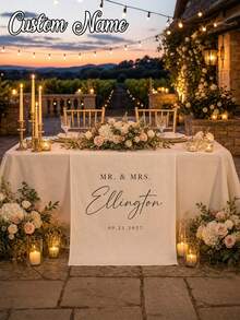 1pc Customized Wedding Tablecloth, Linen Tablecloth, Bride & Groom Reception Area Decoration Banner, Elegant Fabric Sign, Anniversary Customized Wedding Welcome Banner, Wedding Tablecloth, Personalized Striped Linen Bar Event Sign, Bar Event Banner, Customizable Name & Date, Wedding Gift, Welcome Gift, Bridal Shower - Multicolor - View 1