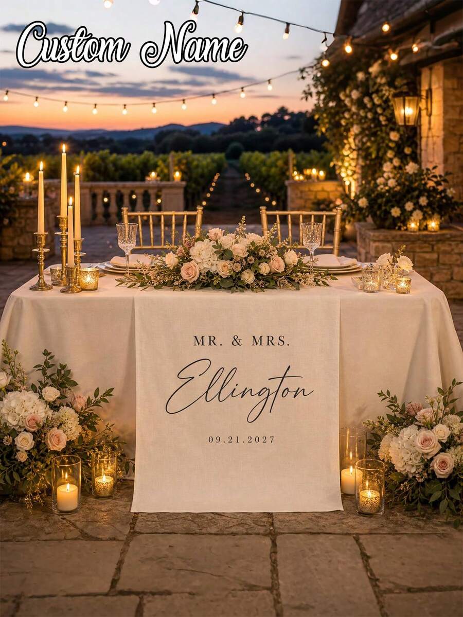 1pc Customized Wedding Tablecloth, Linen Tablecloth, Bride & Groom Reception Area Decoration Banner, Elegant Fabric Sign, Anniversary Customized Wedding Welcome Banner, Wedding Tablecloth, Personalized Striped Linen Bar Event Sign, Bar Event Banner, Customizable Name & Date, Wedding Gift, Welcome Gift, Bridal Shower - Multicolor - View 1