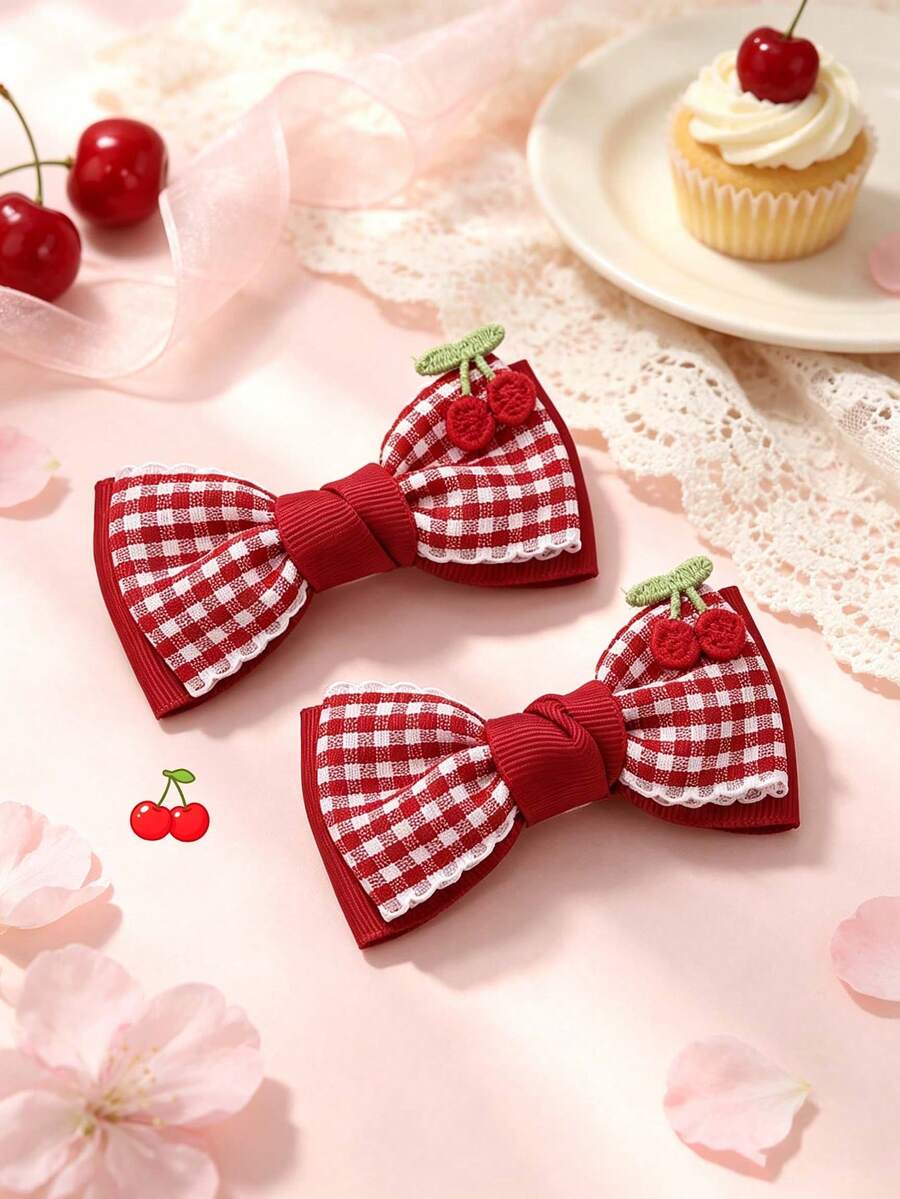 2 kẹp tóc cá sấu cho bé gái nơ caro đỏ, trang trí ren móc hình anh đào, phụ kiện tóc trẻ em dùng cho tiệc và hàng ngày - Nhiều màu - Xem 1