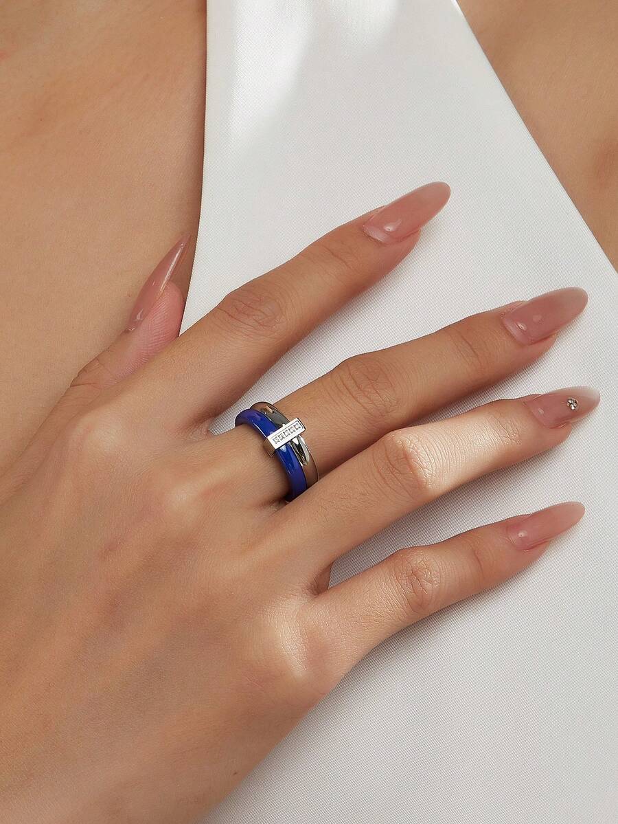 1pc Exquisite Stainless Steel Ceramic Cubic Zirconia Ring, Women's Jewelry, Wedding Party Date Gift - Blue Steel - View 1
