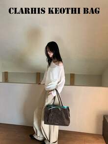 Relaxed Style Large Capacity Tote Bag With Adjustable Buckle Handle, Matching Small Hanging Pouch, Multi-Compartment Interior Storage, Soft Casual Body, Suitable For Commute, School And Travel, Elegant Women's Bag For Lazy Minimalist Daily Outfit - Coffee Brown - View 7