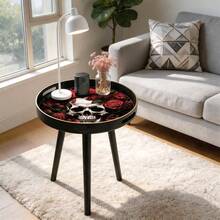 Halloween Gothic Round Side Table, Skull & Red Rose Print Tray‑Top End Table, Fall Spooky Home Decor, Portable Accent Coffee Table With Handle For Party Living Room Bedroom,Removable - Black - View 6