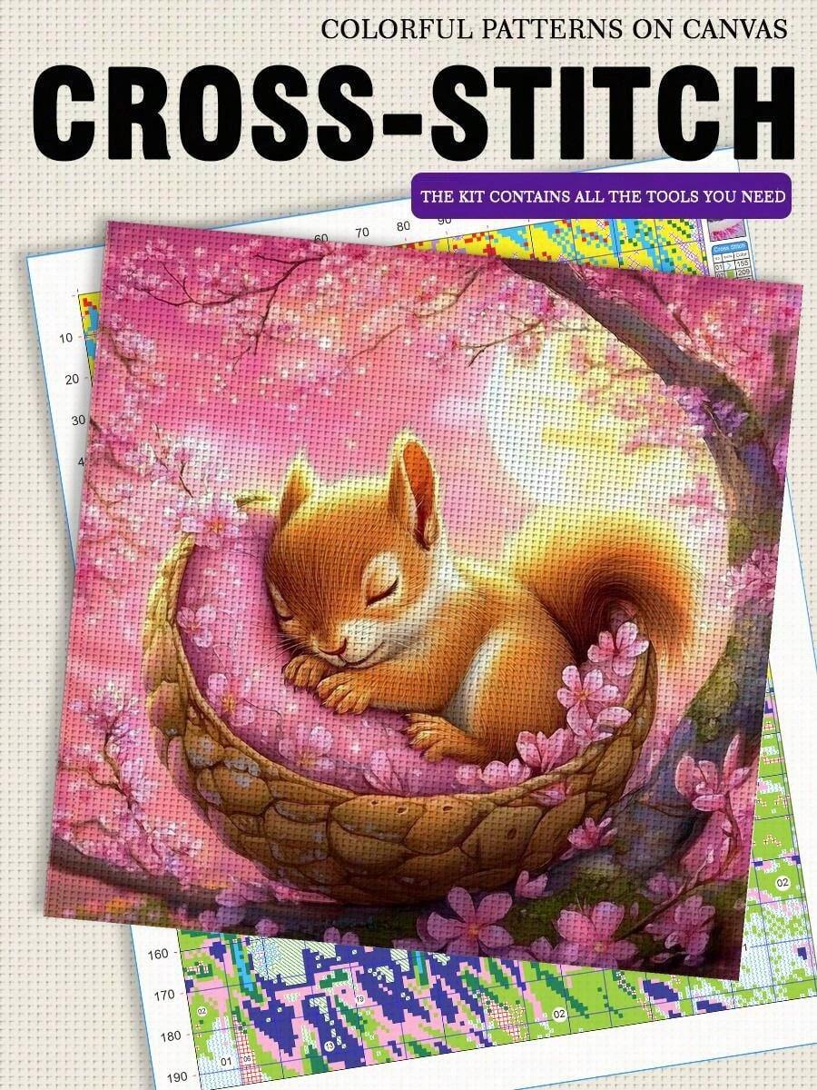 11/14CT Printed Cross Stitch Set. Sleeping Squirrel Patterns Cross Embroidery Patterns. Adult Beginners Relax And DIY. Including Fabric, Needles, Threads, And Illustrations. No Frame. Handmade Wall Decoration Gifts. 40x40cm/15.7x15.7in