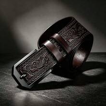 1pc Men's Luxury Belt, Vintage Style Belt, Black Alloy Buckle With Embossed PU Leather Strap, Suitable As Gift For Family, Birthday Gift - Brown - View 7