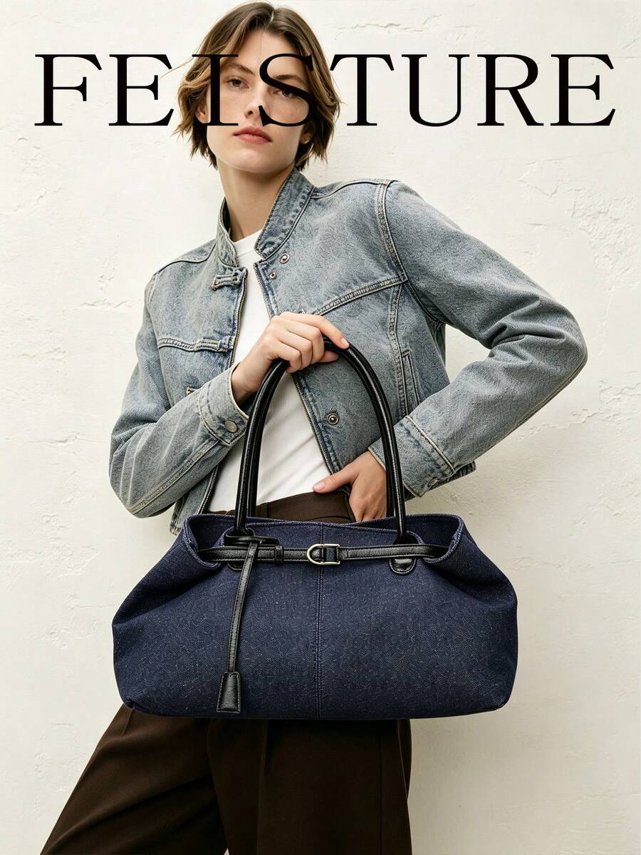 FEISTURE 1件大容量女款扣飾肩背包，時尚手提托特包，適合女孩、女性、大學生、職場新人與白領上班族，完美適用於工作、商務、通勤與上學