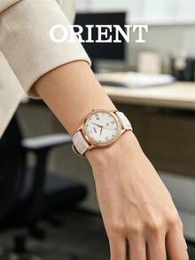Orient Women's Rose‑Gold Tone Three‑Hand Quartz Watch Single‑Date Window White Croc‑Embossed Leather Strap Minimal‑Luxury Daily Ladies Watch - White - View 3
