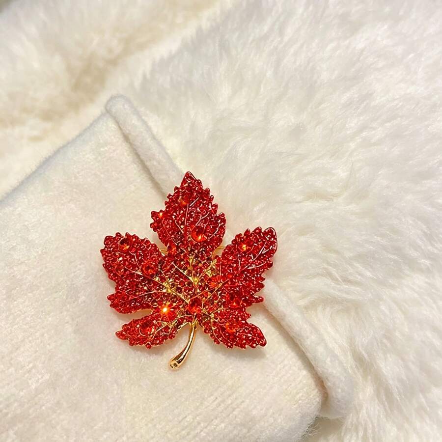 1pc Personalized Red Maple Leaf Brooch, New Year Festive Brooch, Exquisite Pin For Women, High-End Elegant Suit Accessory, Full Rhinestone Decorated Brooch, Beautiful Small Jewelry - Red - View 1