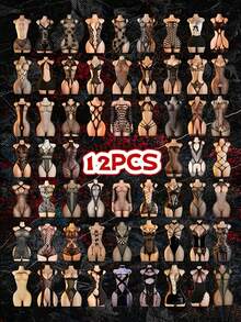 Bodysuit dan Stoking Hitam Klasik Berongga, 12 Set Acak, Kaos Kaki Jala Bermotif Campuran, Pakaian Dalam Pembentuk Tubuh Ringan dan Serbaguna, Cocok untuk Momen Intim, Kencan Malam, Hari Valentine, dan Pakaian Pesta. - Hitam - View 2