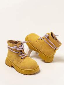 Girls' Fashion Children's Lace-Up Side Zipper Boots, Comfortable Flat Ankle Boots For Daily Wear In Autumn/Winter - Yellow - View 3