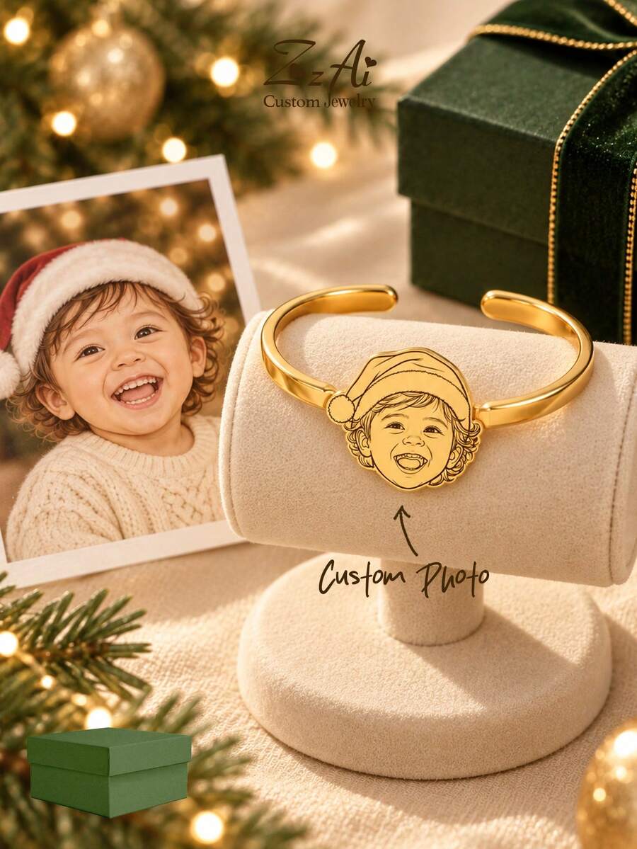 [ZzAi Custom]A Christmas Exclusive Customized Portrait Bracelet, With A Christmas Hat Added To The Portrait And Engraved On Your Bracelet (You Only Need To Provide The Portrait, The Christmas Hat Will Be Generated For You), A Precious Christmas Gift Filled With Love, Includes A Gift Box As The Most Surprising Christmas Gift. - Christmas Hat Style - View 1