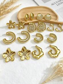 Women's Mixed Gold Shell & Flower Hoop Earrings 9 Pairs Set, Seashell Texture Thick Style Personalized Daily Accessories - Gold - View 5