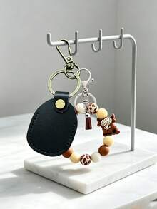 Cute Retro Style Highland Cattle Bead Bracelet PU Leather Keychain, Access Card Holder Tassel Decor Bag, Charm Car Key Ring Gift, Unisex, Daily Essential, Birthday, Ramadan, Christmas Gift - Multicolor - View 2