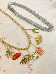 Mixed Metal Layered Charm Necklace Evil Eye Hamsa Lips Pendant - Evil Eye Necklace - View 6