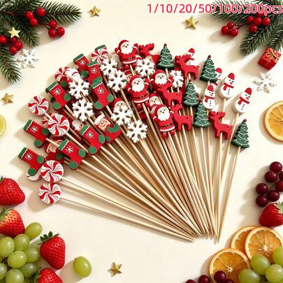1/10/20/50/100/200pcs Christmas Fruit Picks Set, Includes Red Santa, Christmas Tree, Christmas Stocking, Snowman, Snowflake, Reindeer, Lollipop, Suitable For Disposable Fruit Picks, Fruit Platters, Dessert Table Decoration, Cake And Beverage Decoration, Christmas Party Decoration, Appetizer Toothpicks, Cooked Food Skewers, Christmas Snacks, Can Add Holiday Atmosphere, Christmas (Product Length Is 5.1 Inches, Random Pattern Assortment)
