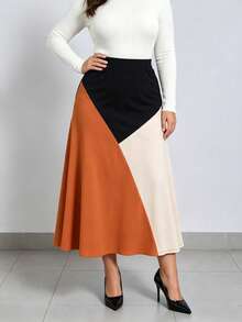Plus Size Women's Reversible Colorblock Mid-Length Skirt, Elastic Waistband, Suitable For Thanksgiving, Halloween Holidays, And Spring/Summer/Autumn Daily Commute Office Wear - Black - View 6