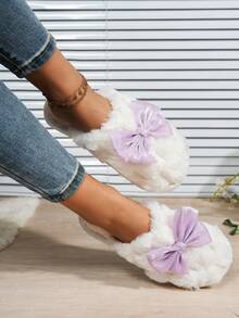 Women's Bow Open Toe Plush Warm Slippers, Comfortable Breathable Indoor House Slippers, Suitable For All Seasons - Purple - View 4