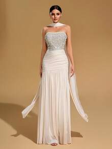 Elegant Mermaid Ball Gown, Women's Strapless Backless Cocktail Dress, Decorated With Sequins And Pearls, Ruched Design - Apricot - View 7