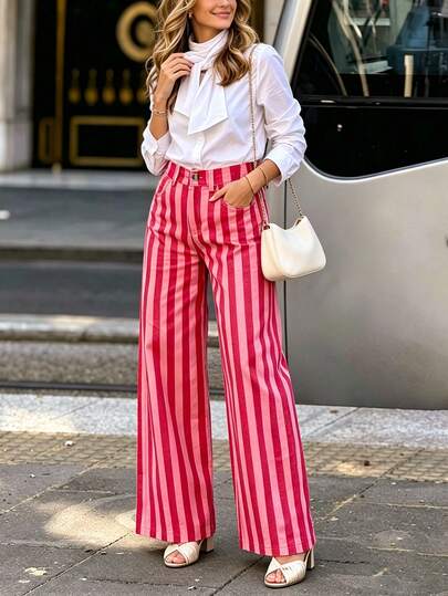 Casual Elegant Fashion Commuter Daily Versatile Striped Long Pants, Charming Fashionable Elegant Long Pants, Women's Clothing Pink