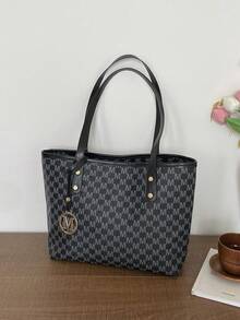 Women's Shoulder Tote Bag, All-Over M Letter Pattern, Durable Composite Fabric, Large Capacity, Campus Bag, Suitable For University Campus - Black - View 4