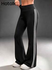 Hotalk Retro 2 White Side Stripes High Waisted Flare Leggings, Tummy Control Sport Bootcut Yoga Pants - Black - View 3