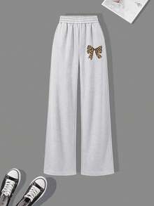 Fashionable Versatile Sweet Casual Leopard Print Bow Pattern Loose Wide Leg Pants 2-Piece Set, Girls' Autumn/Winter Bottoms Outfit - Multicolor - View 4