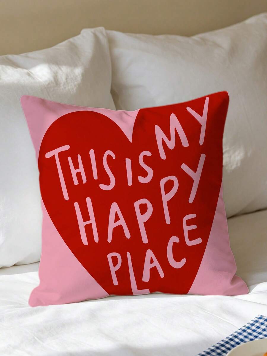 1pc "This Is My Happy Place" Hand-Painted Heart-Shaped Decorative Pillowcase, Soft And Comfortable, Machine Washable, Zipper Closure, Perfect For Sofa, Living Room, Bedroom Decor, Pillow Insert Not Included - Pink - View 1