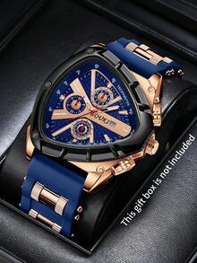 Men's Silicone Triangle Quartz Watch, Sport Three-Eye Digital Scale Calendar Large Dial Wristwatch, Gift For Boyfriend (1pc/Set) Watch Box Not Included - Blue - View 7