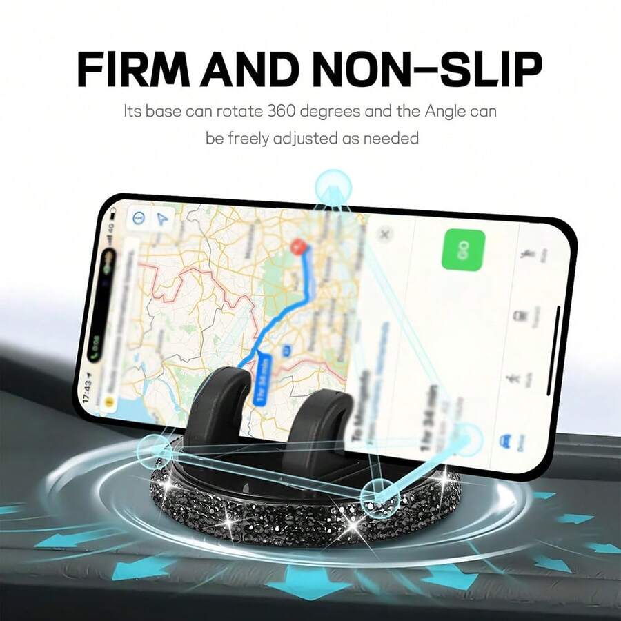 1pc Car Phone Holder, Rhinestone Car Phone Mount, 360° Adjustable Car Dashboard Phone Holder, Self-Adhesive Car Phone Holder, Suitable For Most Phones - A - View 1