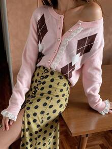 Fall/Winter Pink Argyle Lace Casual Blouses Knit Cardigan - Pink - View 9
