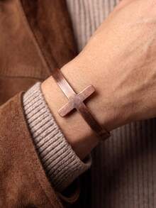 1pc Personalized Cross Purple Copper Electroplated Healing Bracelet, Minimalist Classic Versatile Men's Accessory - Rose Gold - View 1