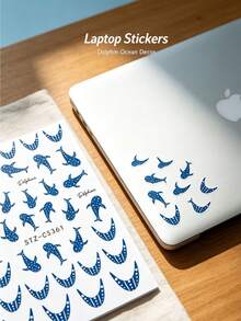 1pc Ocean Dolphin Theme Decorative Sticker, Polka Dot Dolphin With Crescent Moon Design Combination Pattern, Self-Adhesive Backing, Comes With Tweezers, Suitable For IPad, Laptop, Notebook, Earphones And Other Decorations - Whale Design - View 4