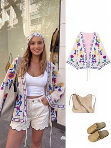 ACKCER Women's Autumn/Winter Bohemian Style Colorful Floral Embroidered V-Neck 3/4 Sleeve Tie-Front Loose Fit Cardigan - Multicolor - View 1