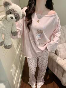 2pcs Women's Pajama Set, Pullover Round Neck Asymmetrical Shoulder Cute Animal Print Long Sleeve Pants, Easy Care Fabric - Pink - View 9