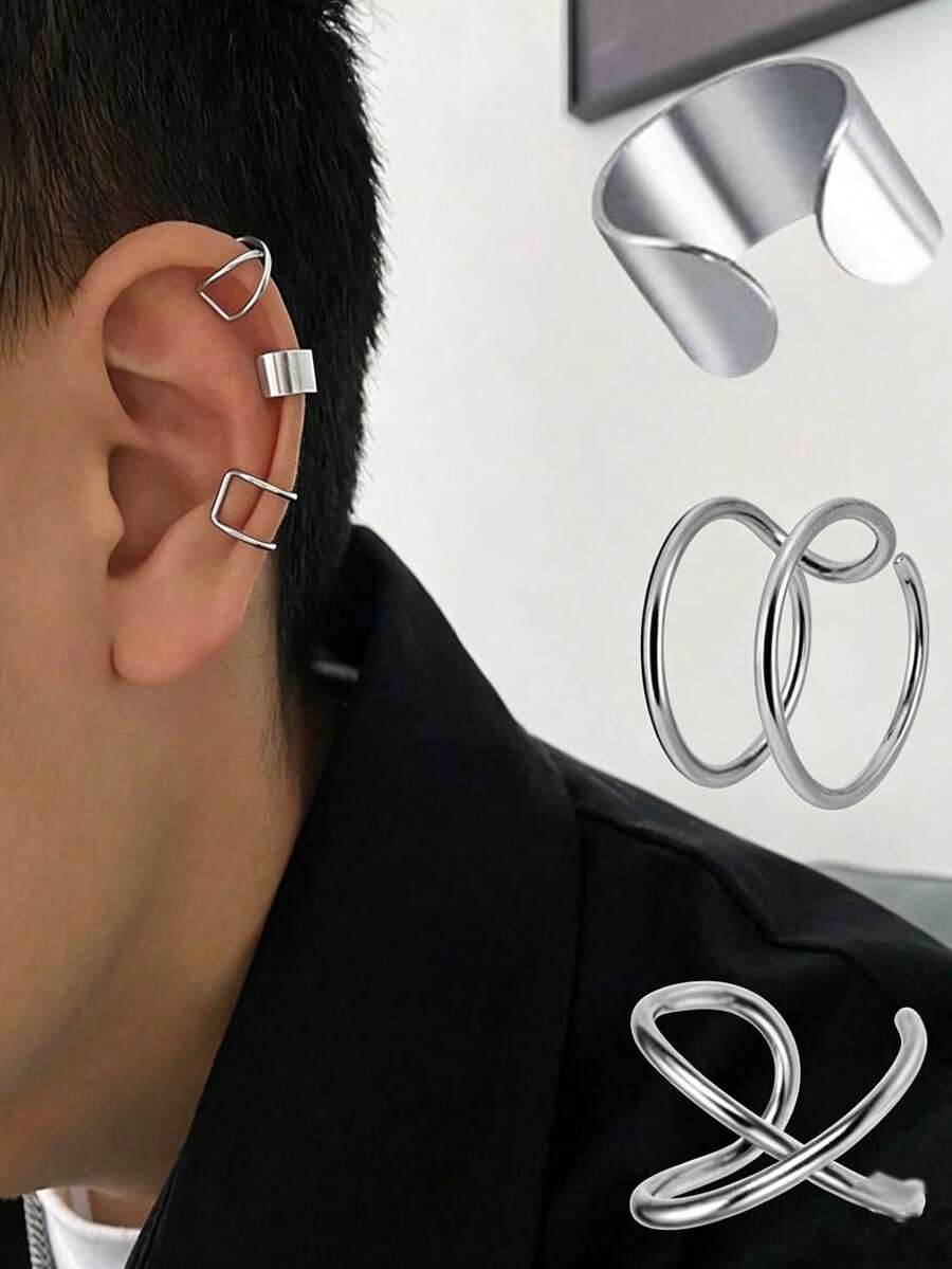 3pcs Men's Ear Cuffs Ear Cartilage Clips No Piercing Required Minimalist Stainless Steel Unique Earrings Versatile - 3 Pcs/Set - View 1