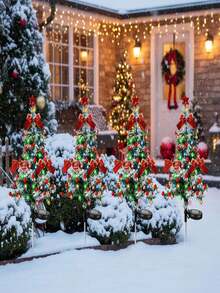 2pcs Ribbon Christmas Tree Lights, LED Cedar Garden Stake Lights, Featuring Red Ribbons, Berries, Bells, And Stars, Suitable For Christmas Decorations, Home Decor, Party Decorations, Yard Decorations, Garden Decorations, And Lawn Decorations. - Star-shaped Christmas Tree Lights - View 5