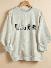 Women's Long Sleeve Crew Neck Sweatshirt, Playful Cute Ghost Print, Faux Embroidery Effect, Suitable For Autumn/Winter Wear - Light Grey - View 4